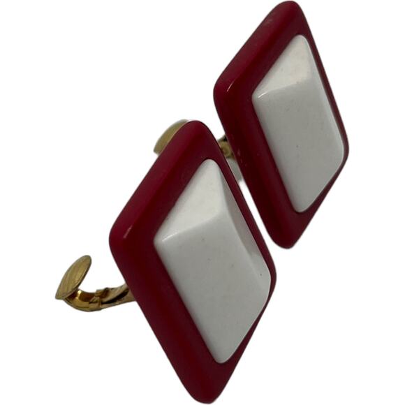 1980s Retro Raspberry Pink & White Geometric Clip-On Earrings Statement Jewelry - Picture 4 of 8